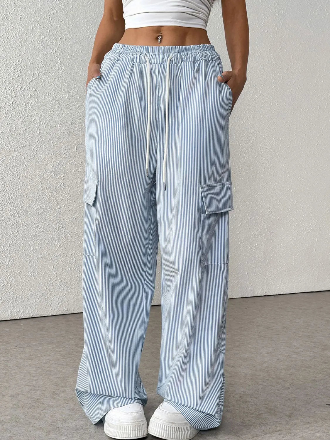 Drawstring Striped Wide Leg Cargo Pants.