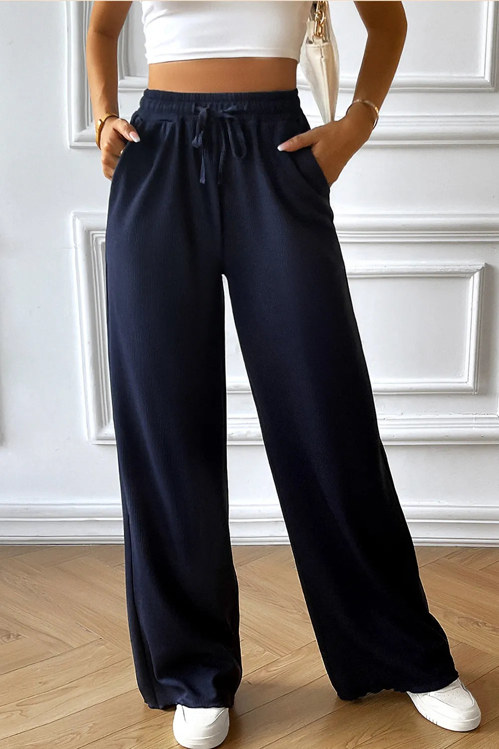 Devine Drawstring Wide Leg Pants with Pocketed.
