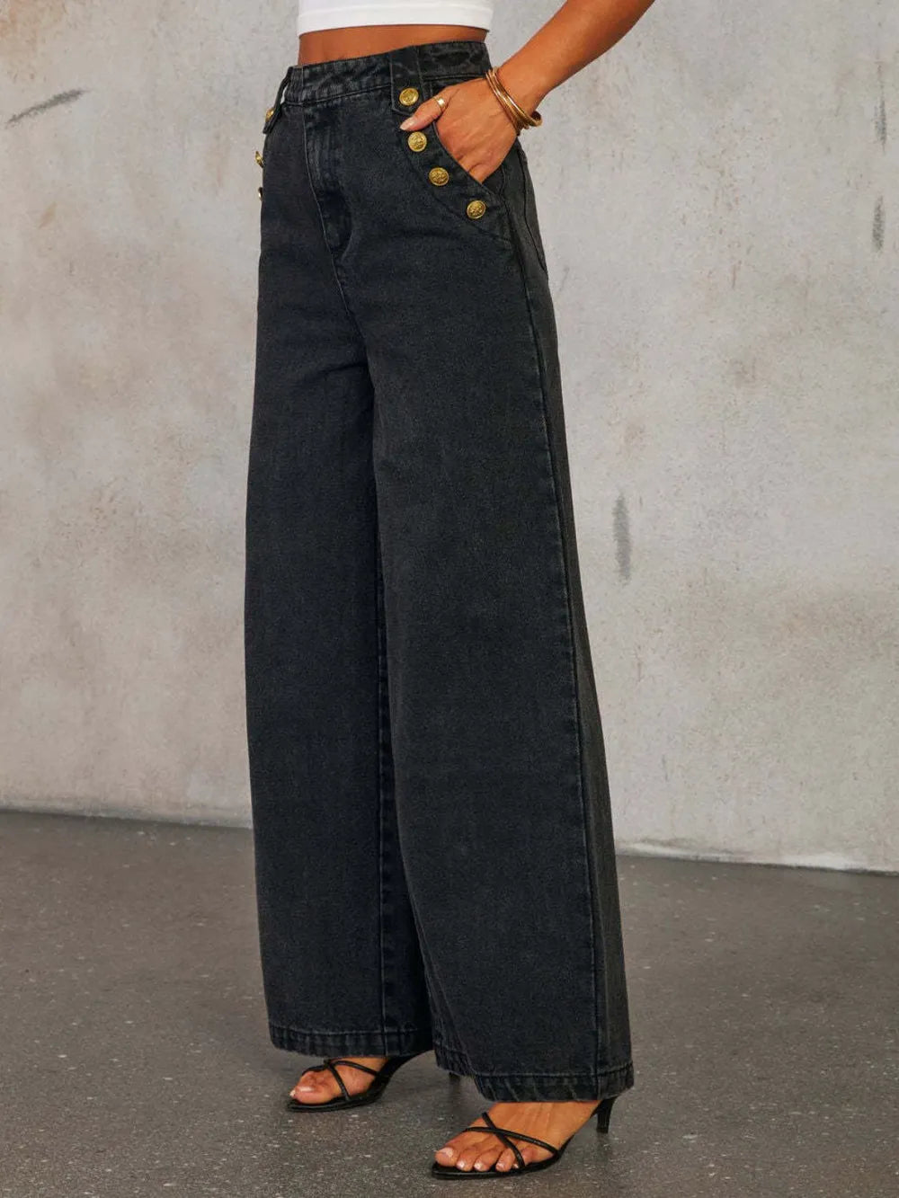 Button Decor High Rise Wide Leg Jeans.