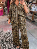 Leopard Collared 3/4 Sleeve Shirt and Loose Pants Two Piece Outfit Set
