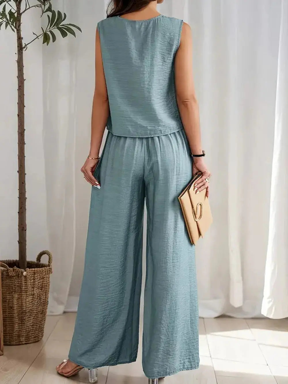 Round Neck Sleeveless Top and Wide Leg Pants Set.