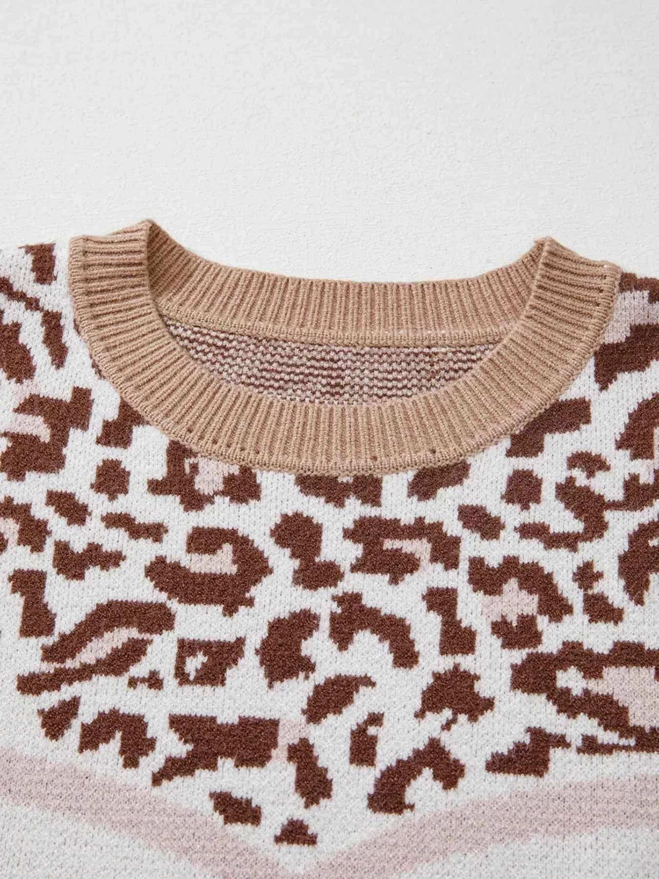Leopard Color Block Knit Round Neck Baggy Sweater