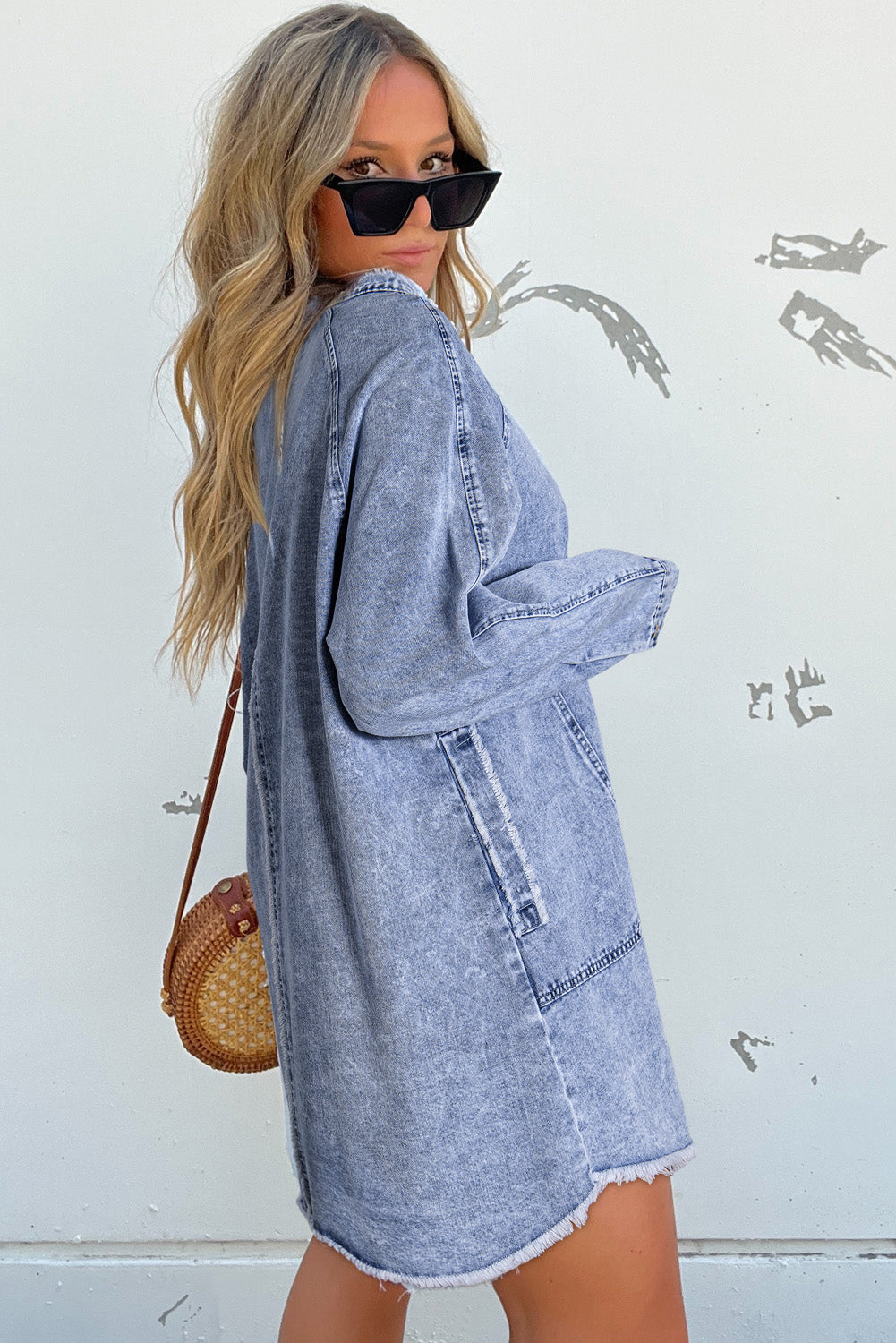Beau Blue Mineral Wash Long Sleeve Button Up Raw Hem Pocketed Denim Dress Dear-Lover Dropshipping