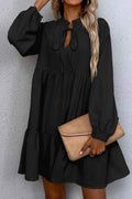 Black Tie Split Neck Smocked Detail Long Puff Sleeve Ruffle Hem Loose Dress