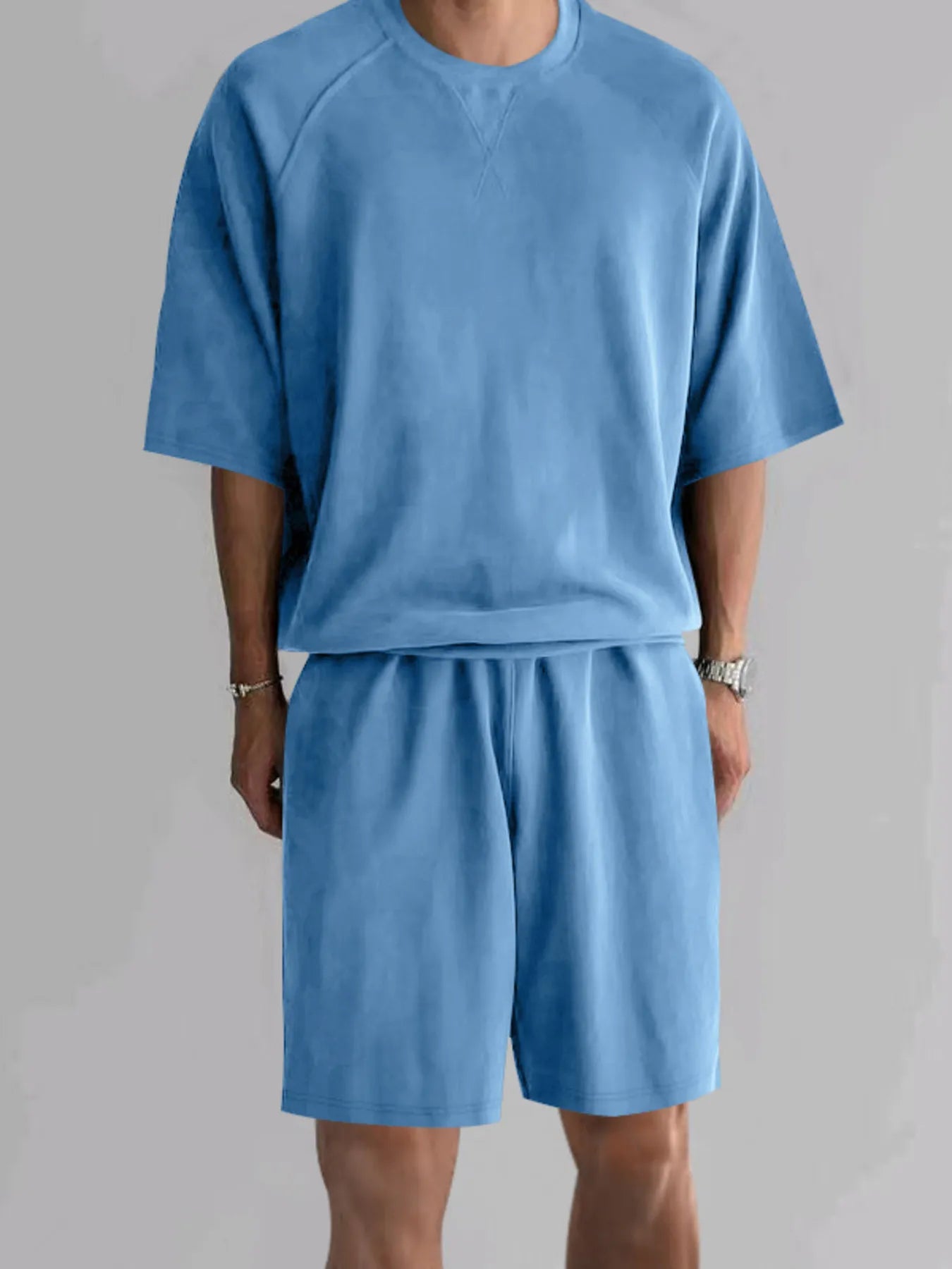 Men's Full Size Round Neck Top and Shorts Set Plus Size.