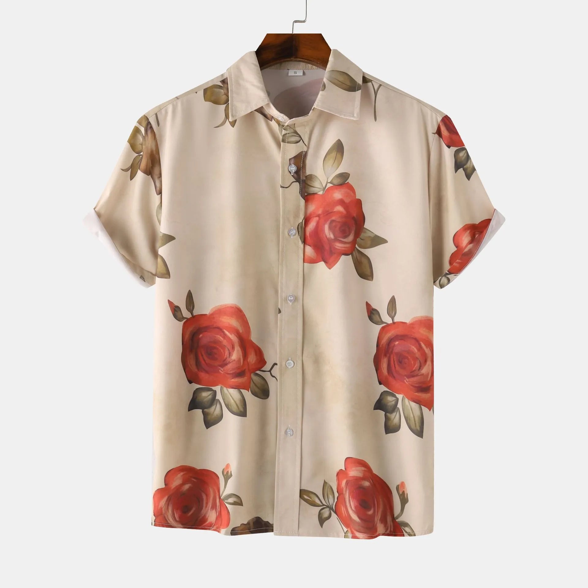 Men's Rose Print Short Sleeve Button Down Shirt, Miami style men shirt.