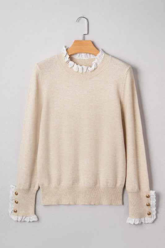 Lace Trim Patchwork Buttoned Cuff Sweater