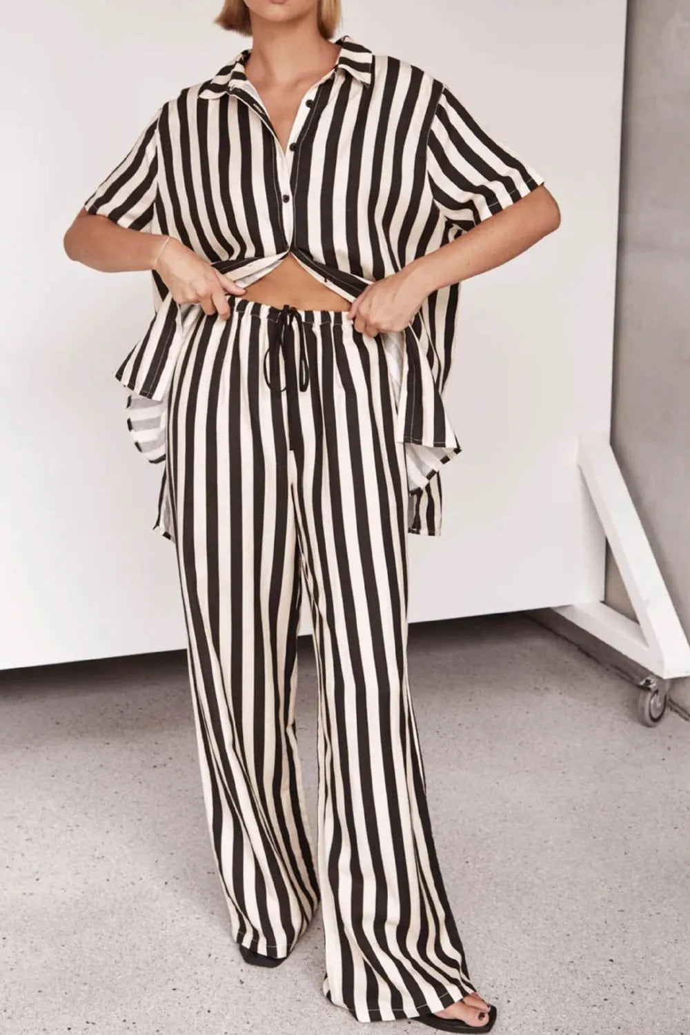 Striped Collared Neck Half Sleeve Top and Pants Set - CHIC TB