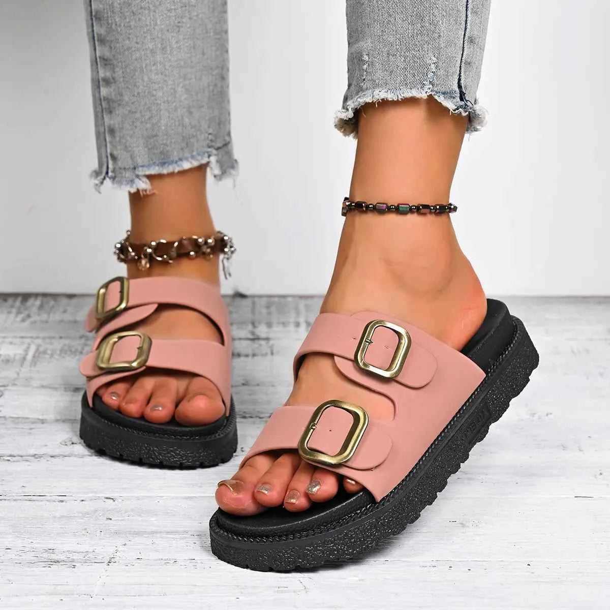 Double Buckle Slide Sandals