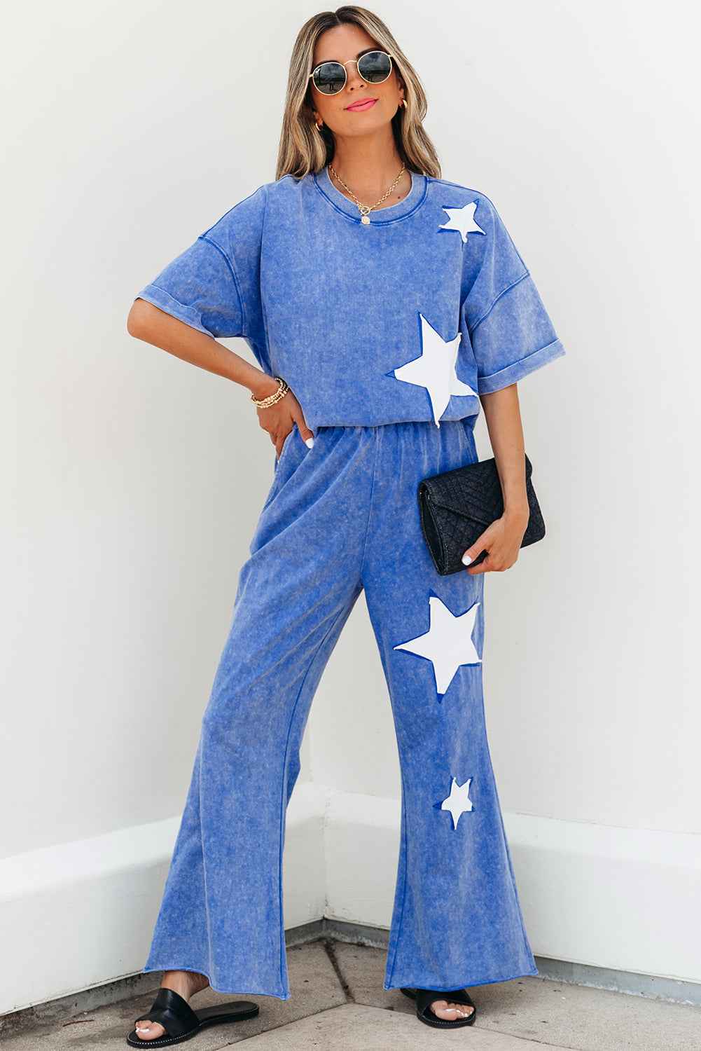 Ashleigh Blue Acid Wash Star Patched Rolled Trim Pants Set