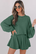 Mist Green Corded Lantern Sleeve Top High Waist Ruffled Mini Skirt Set Dear-Lover Dropshipping