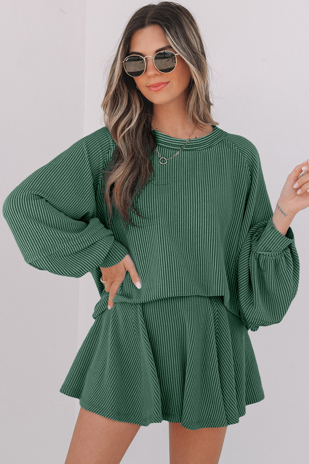 Mist Green Corded Lantern Sleeve Top High Waist Ruffled Mini Skirt Set Dear-Lover Dropshipping