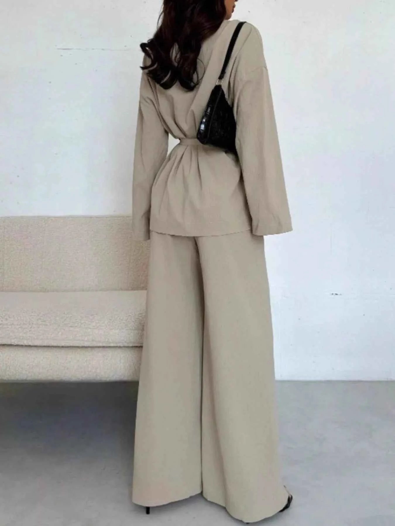 Front Tied Shirt and Wide-Leg Pants Set