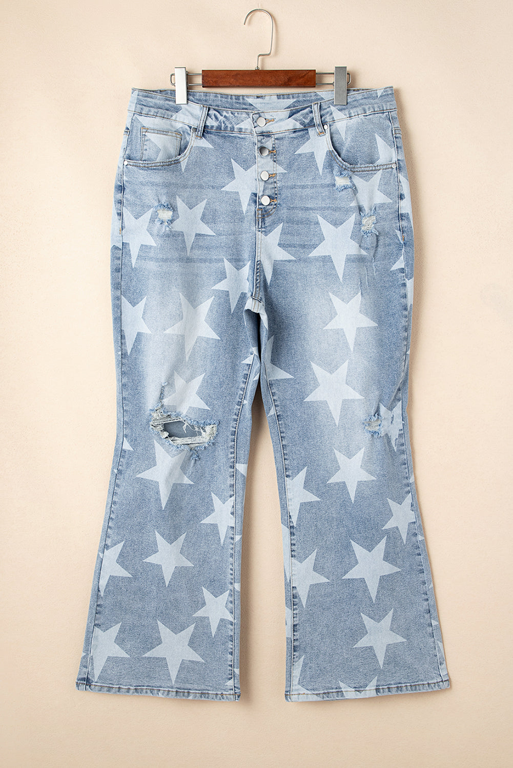 Sky Blue Star Printed Multi Buttons Slit Knee Destroyed Plus Size Jeans Dear-Lover Dropshipping