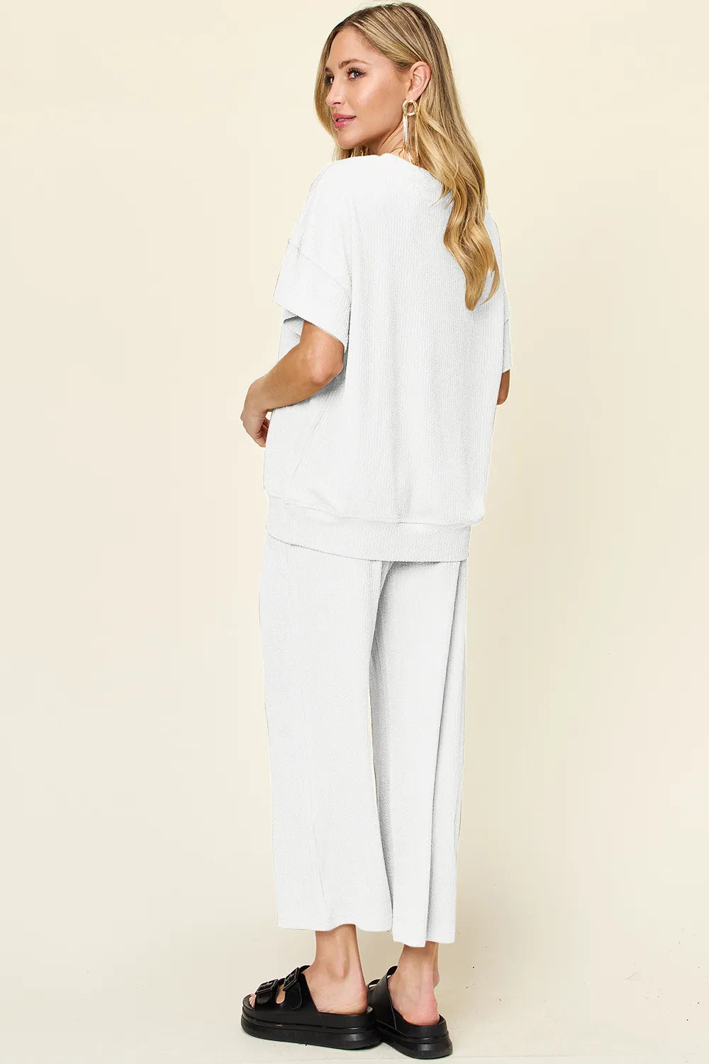 Double Take Full Size Texture Round Neck Short Sleeve T-Shirt and Wide Leg Pants - CHIC TB