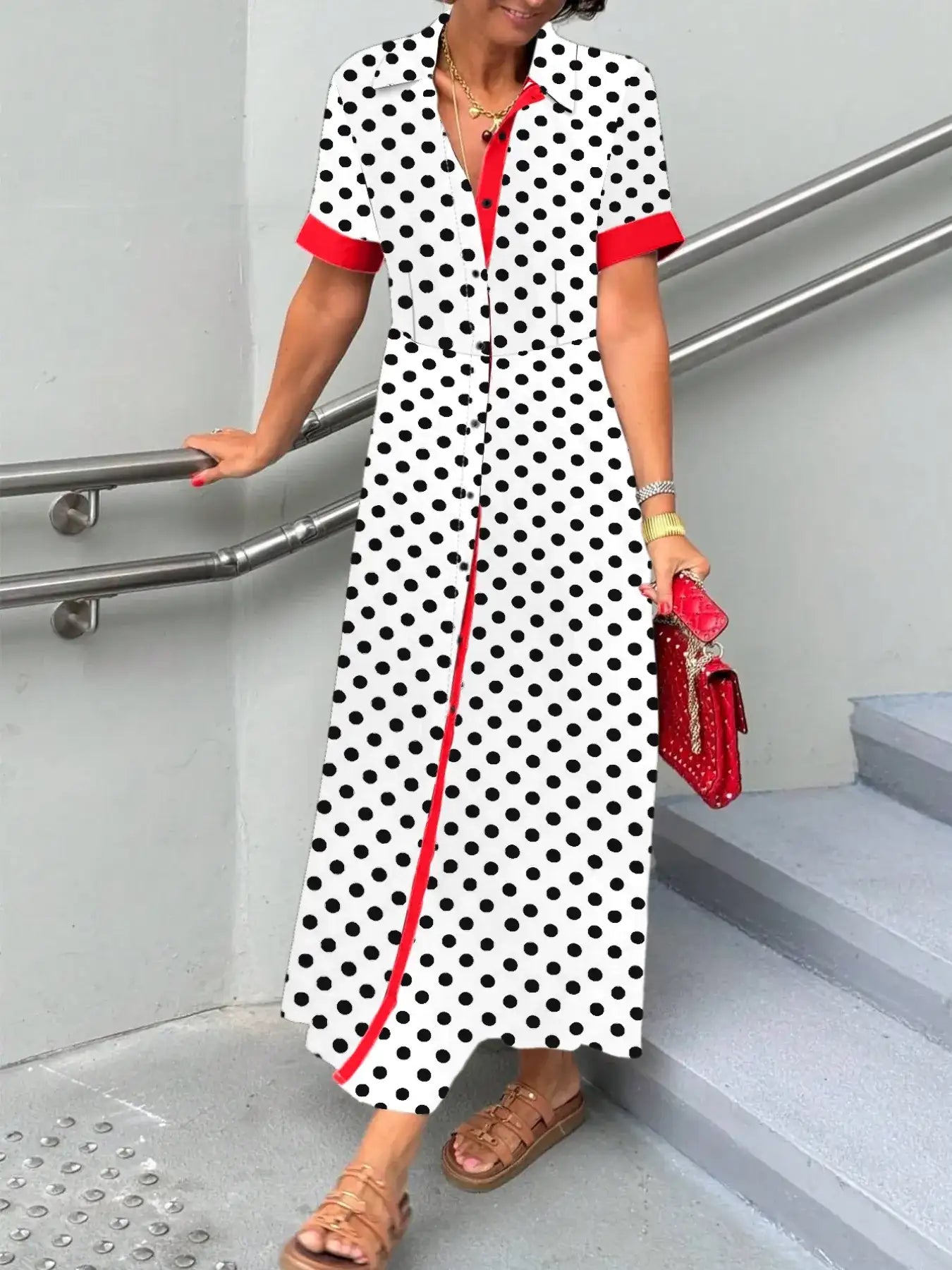 Polka Dot Short Sleeve Maxi Shirt Dress.