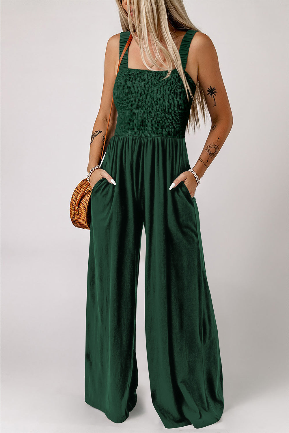 Green Smocked Sleeveless Wide Leg Jumpsuit with Pockets Dear-Lover Dropshipping