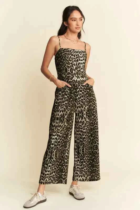 Davi & Dani Leopard Spaghetti Straps Wide Leg Jumpsuit