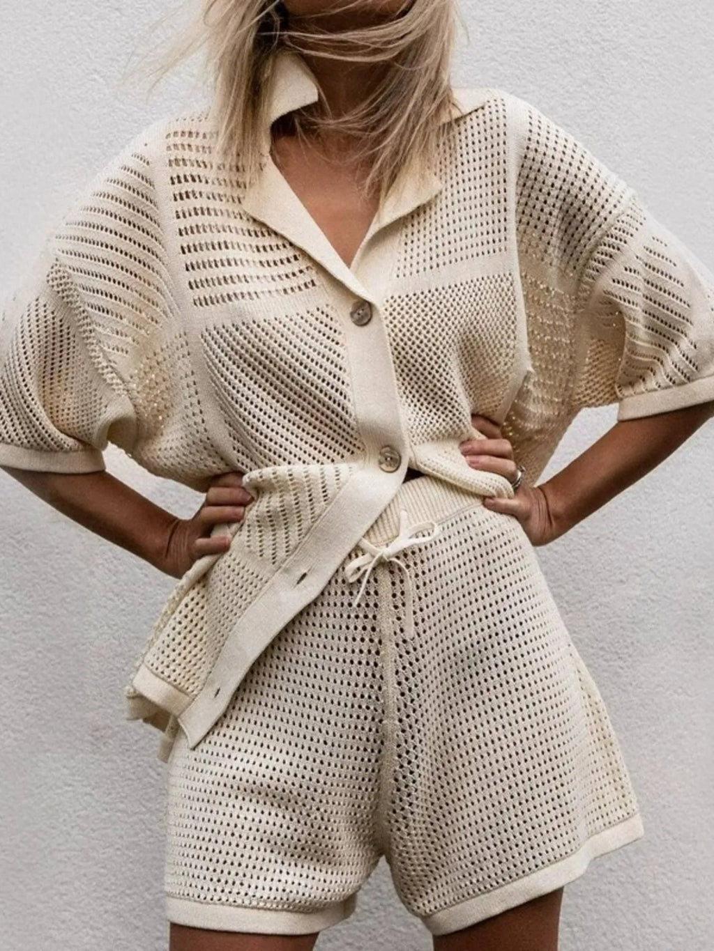 Crochet Button Up Top and Shorts Set.