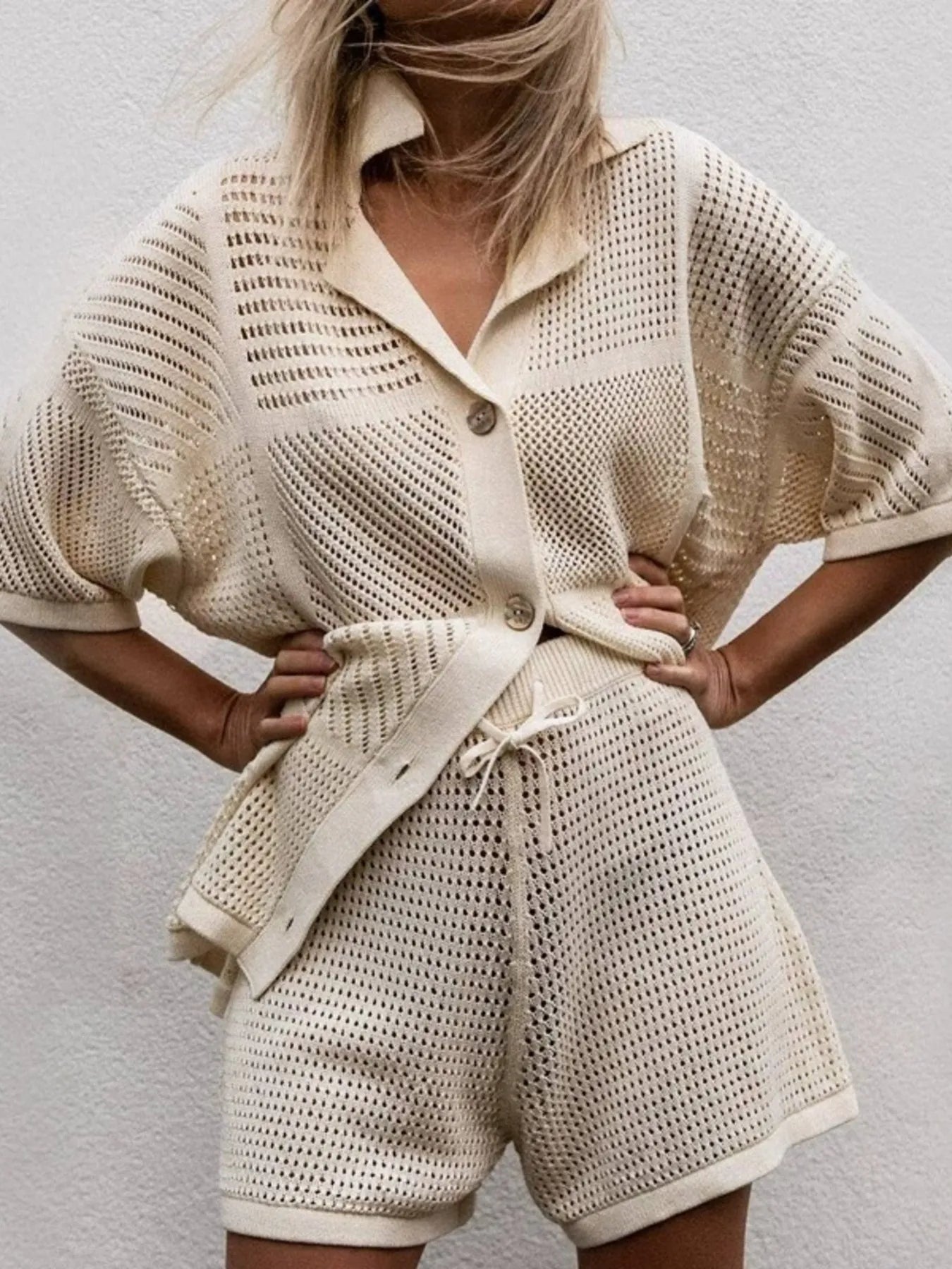 Crochet Button Up Top and Shorts Set.