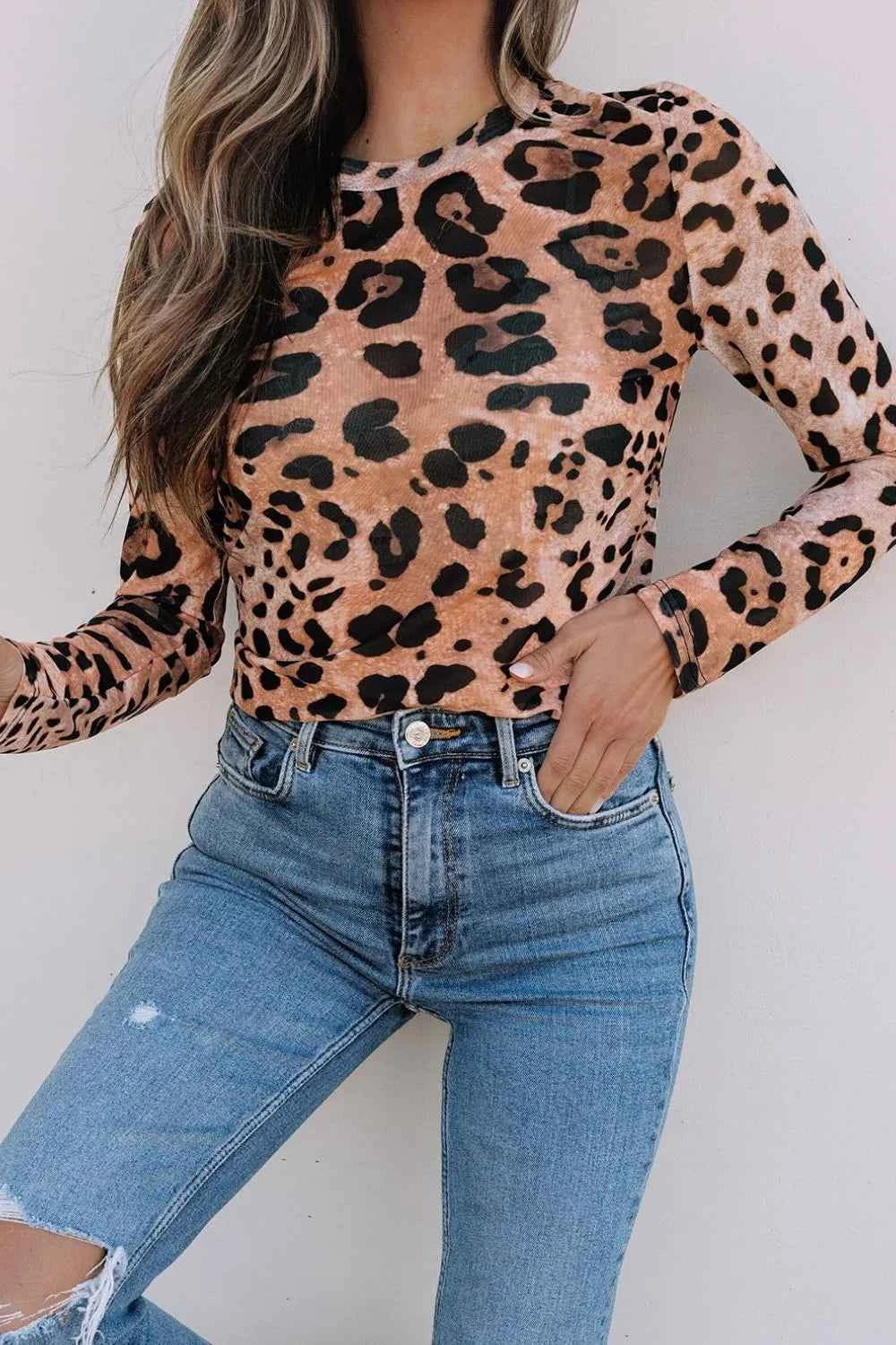 Leopard Round Neck Long Sleeve Blouse