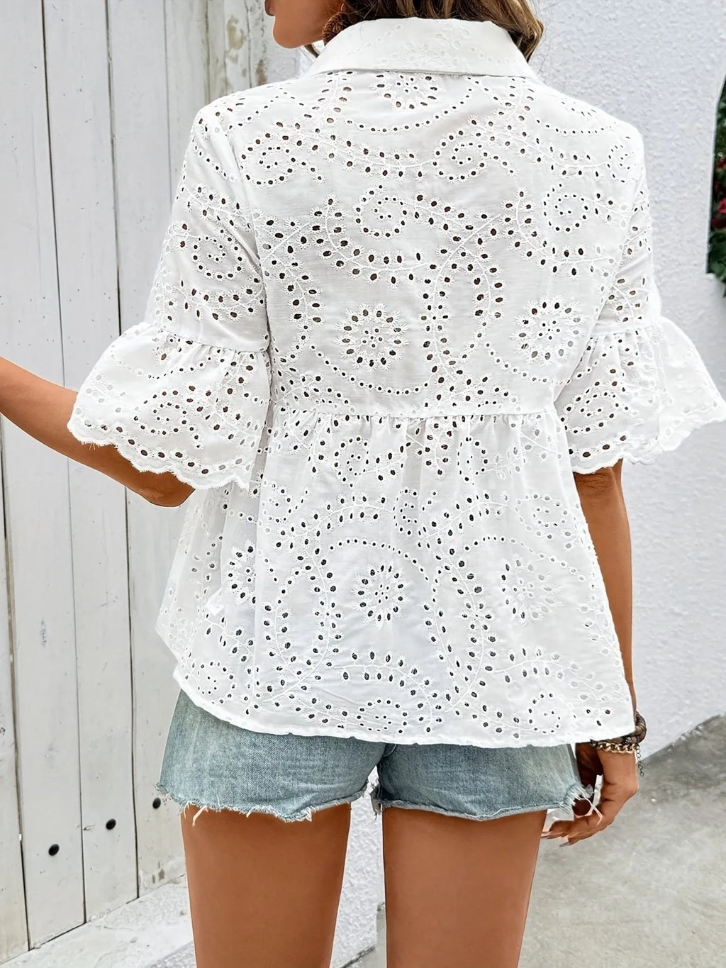 Eyelet Button Down Half Sleeve Shirt.
