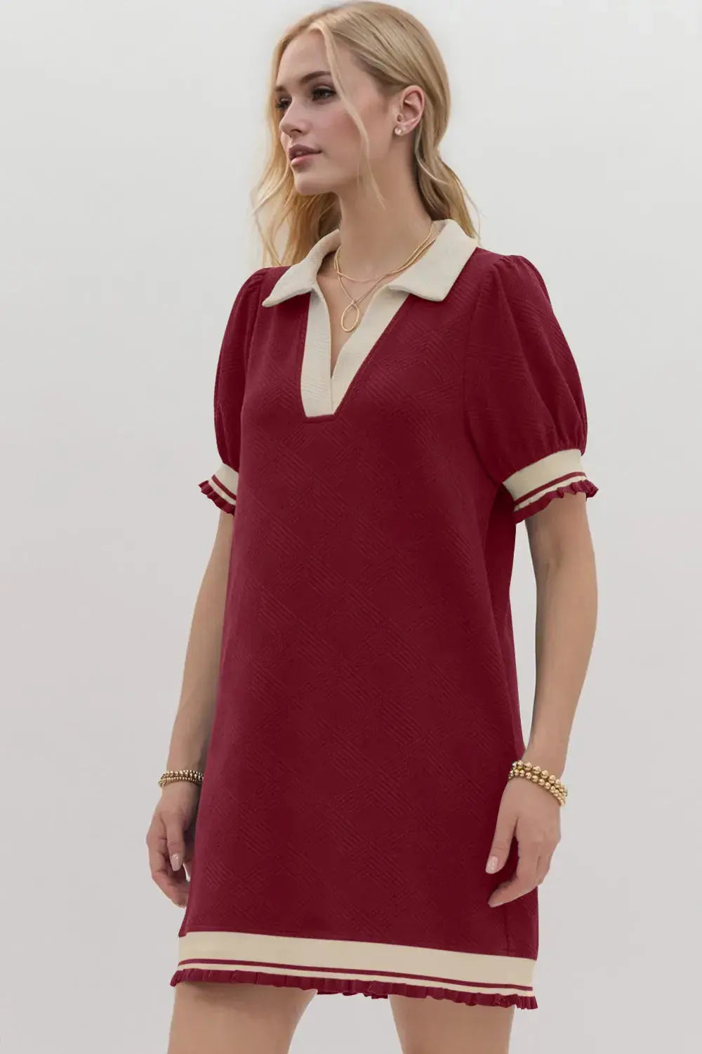 Oh Frill Contrast Trim Johnny Collar Short Sleeve Mini Dress.
