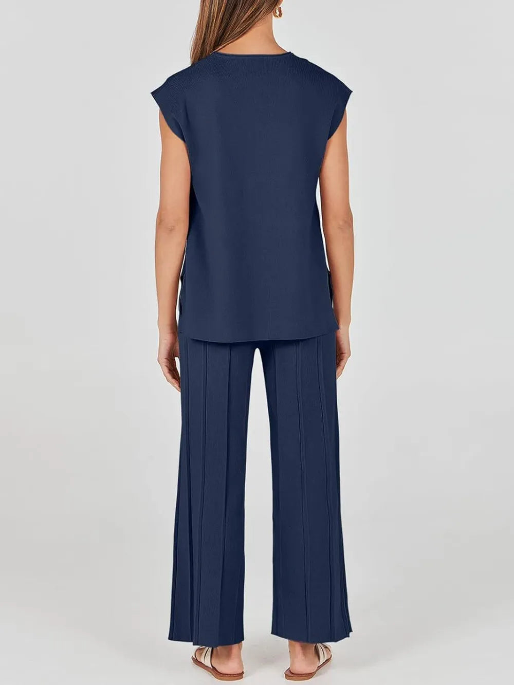 Round Neck Cap Sleeve Top and Pants Knit Set.