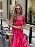 Womens Striped Printed Lace-Up Waist-Cinching Dress