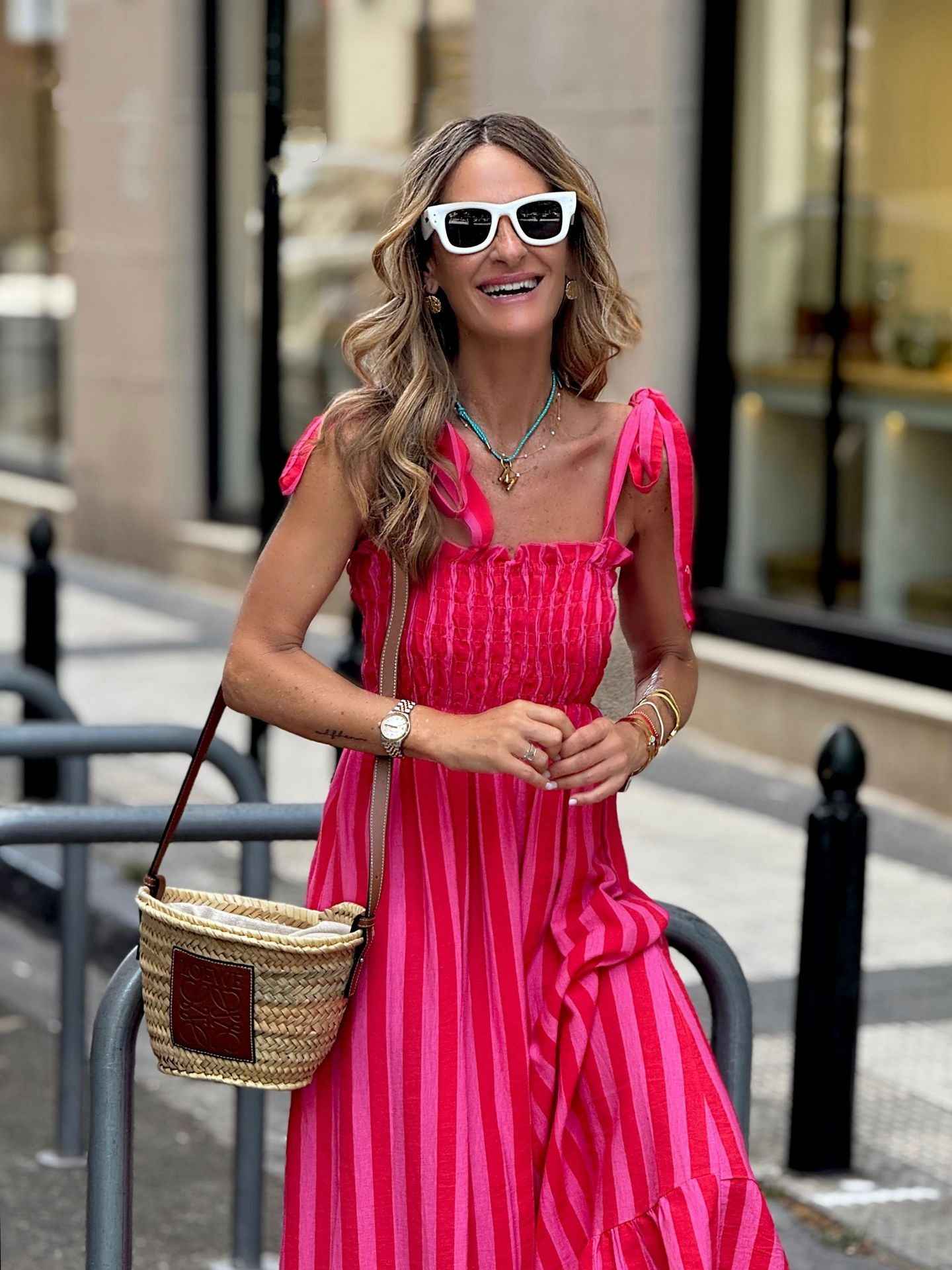 Womens Striped Printed Lace-Up Waist-Cinching Dress