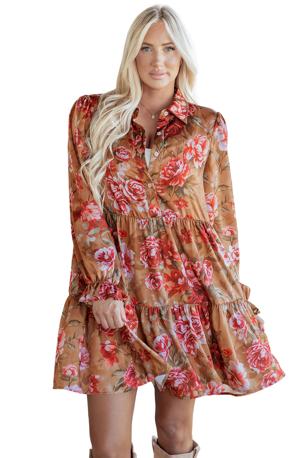 Brown Vintage Floral Print Shirt Style Half Button Long Sleeve Ruffle Mini Dress Dear-Lover Dropshipping