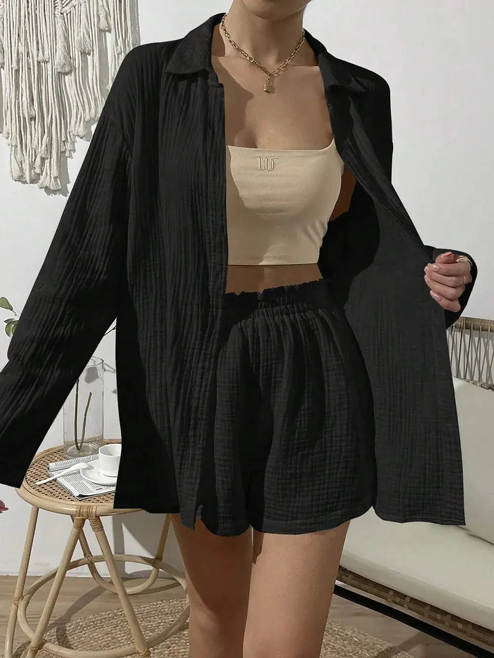 Dropped Shoulder Button Up Top and Elastic Waist Shorts Set.