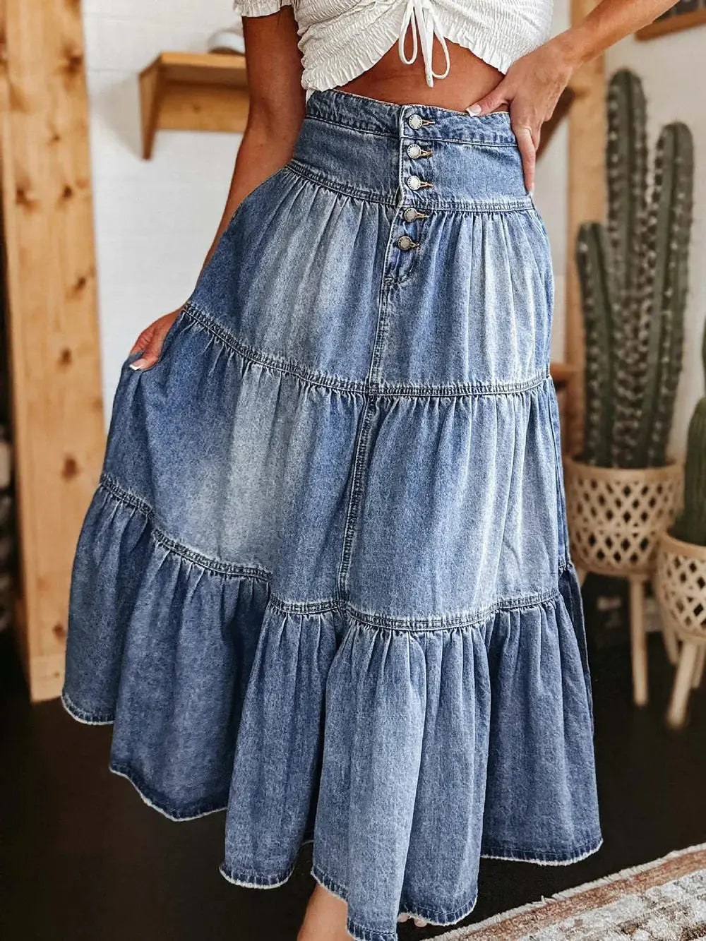 Tiered Button-Fly Denim Skirt.