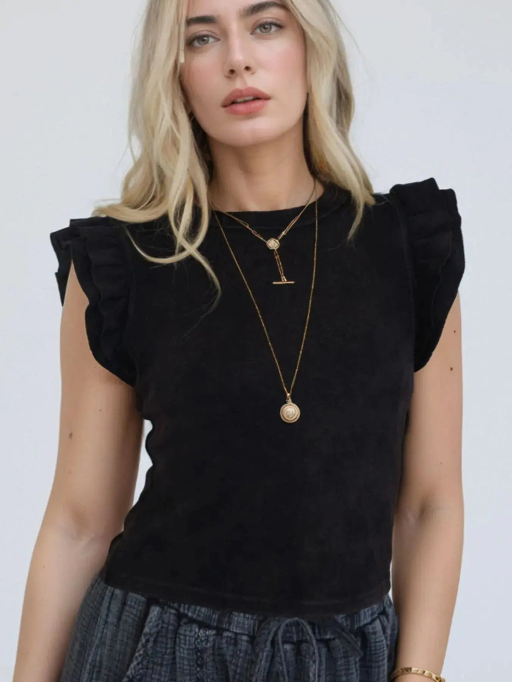 Ruffled Crew Neck Slim Fit Top.