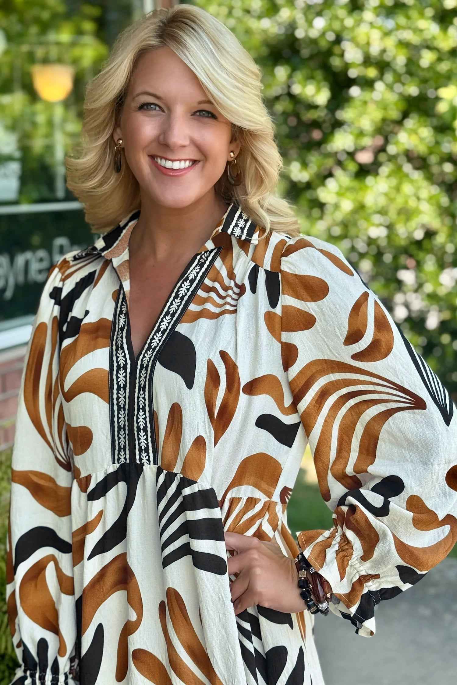 Brown Tropical Printed Contrast Trim Neck Long Sleeve Ruffle Hem Dress