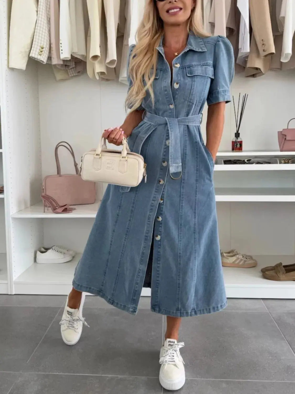 Puff Sleeve Button Down Belted Denim Midi Dress.