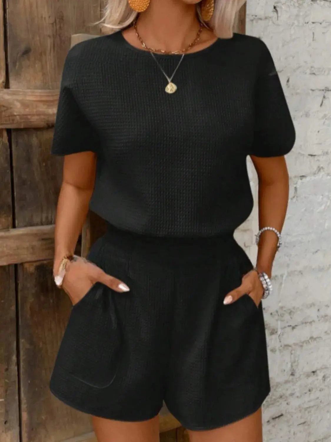 Round Neck Short Sleeve Top and Shorts Set.