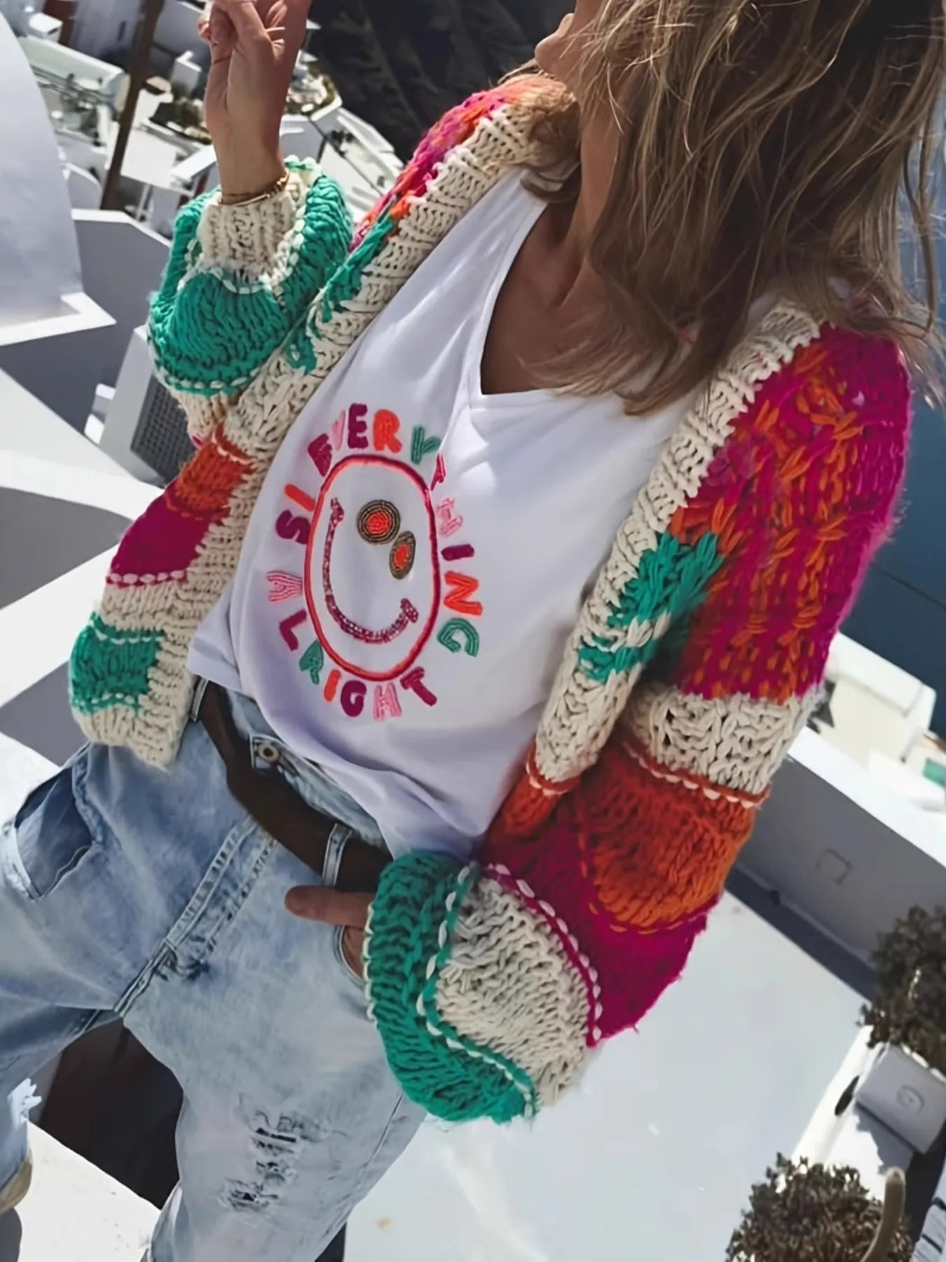 Color Block Open Front Cardigan.