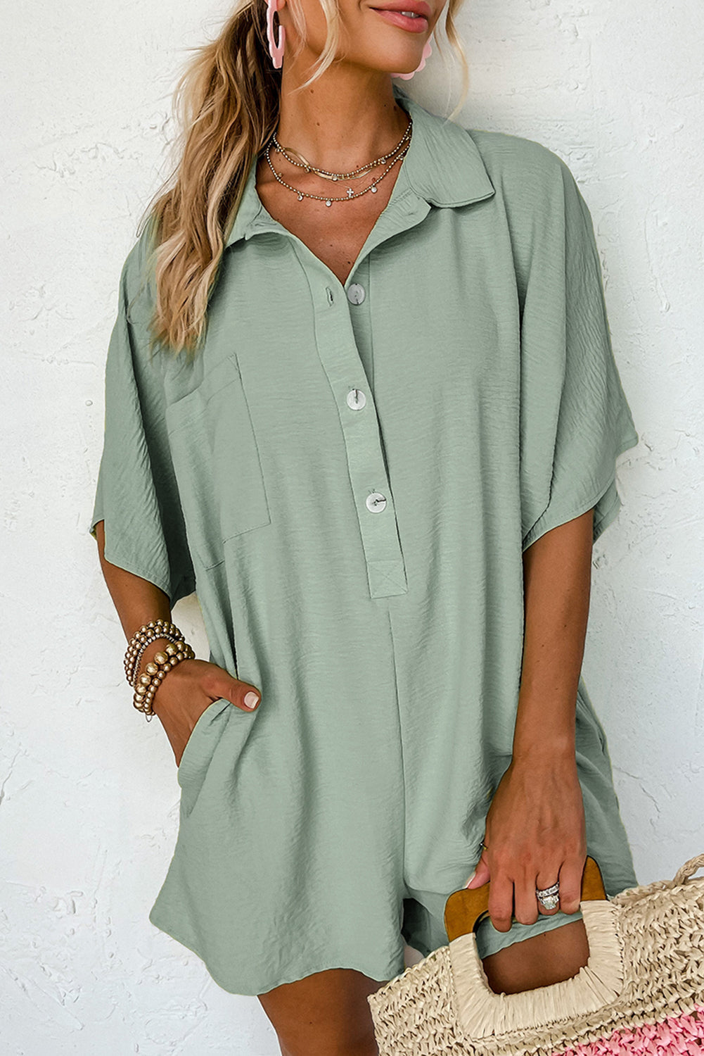 Spinach Green Half Button Collared Loose Romper Dear-Lover Dropshipping