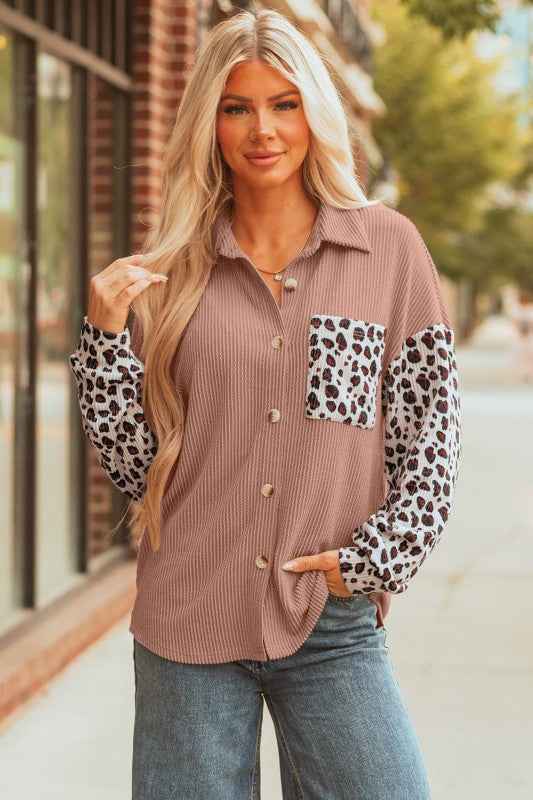 Western Leopard Corded Knit Patchwork Shacket