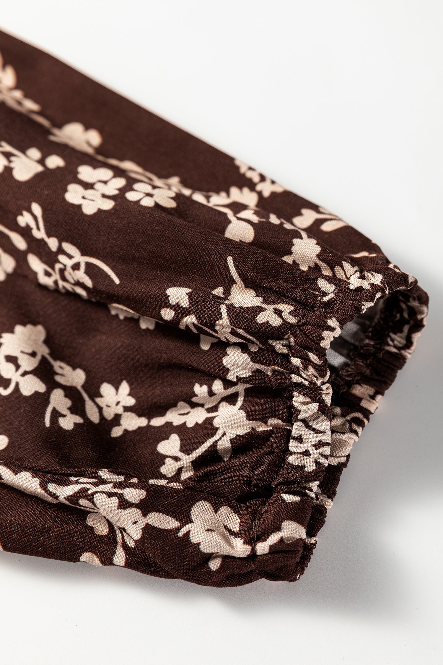 Brown Ditsy Floral Print Split Neck Long Sleeve Shirred Waist Flared Mini Dress