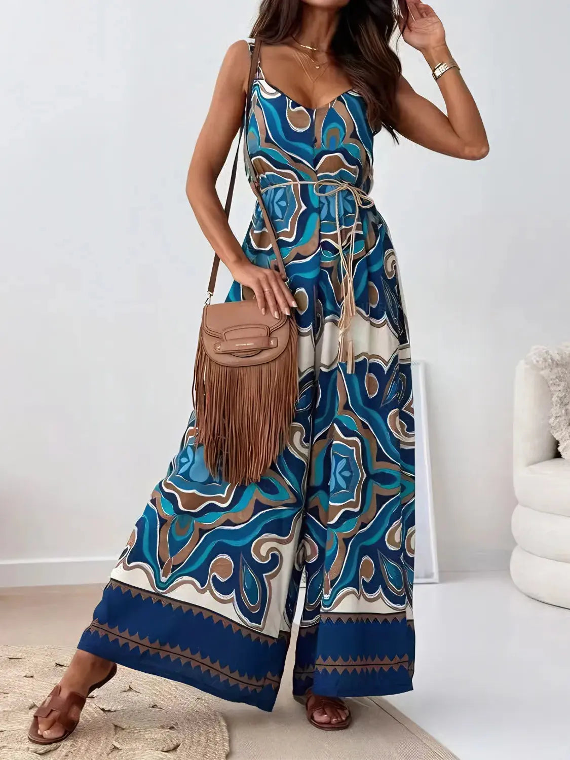Printed V-Neck Wide Leg Jumpsuit.
