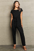 Perfee Boat Neck Short Sleeve Jumpsuit with Pockets.