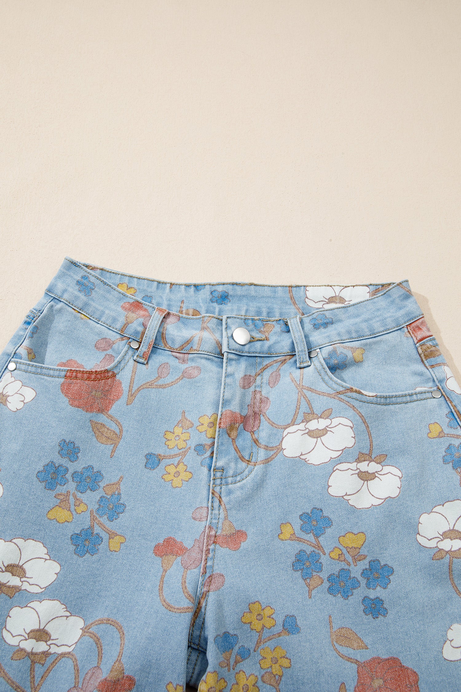 Sky Blue Floral Printed Raw Hem Shift Jeans