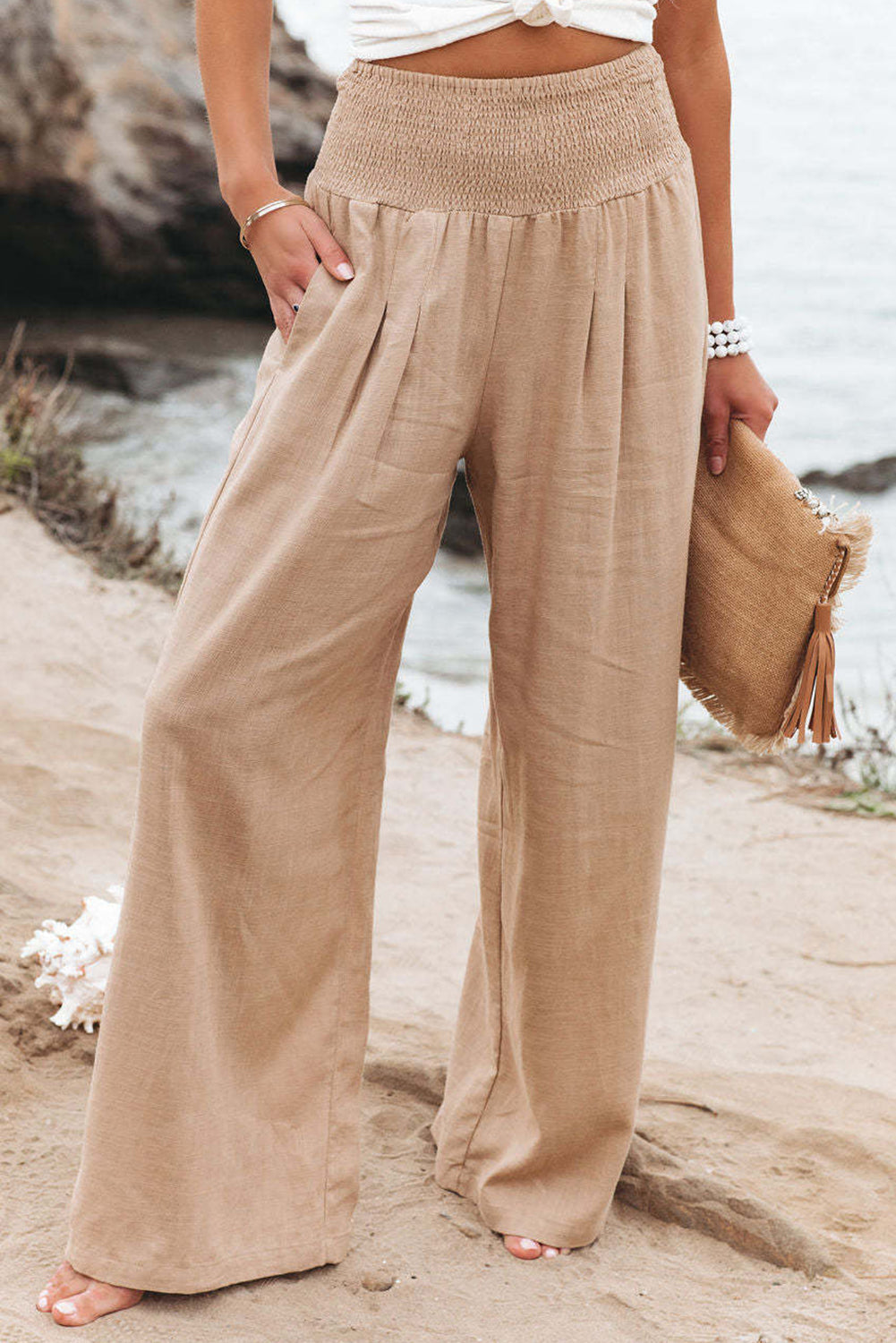 Khaki Smocked Wide Waistband High Waist Wide Leg Pants Dear-Lover Dropshipping