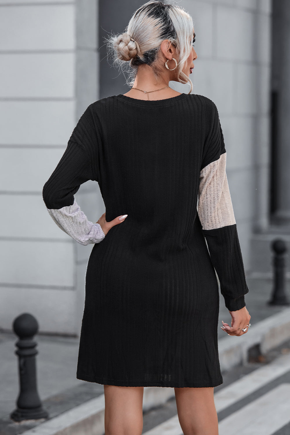 Black Ribbed Color Block Drop Shoulder Long Sleeve Mini Dress Dear-Lover Dropshipping