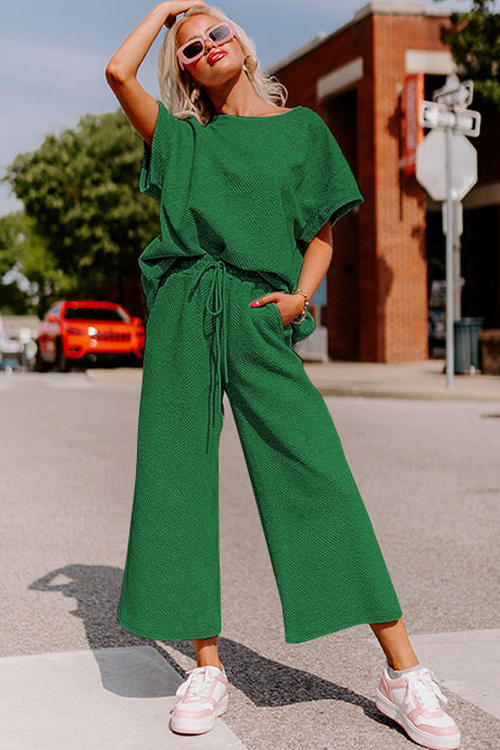 Dark Green Textured Loose Fit T Shirt and Drawstring Pants Set Dear-Lover Dropshipping
