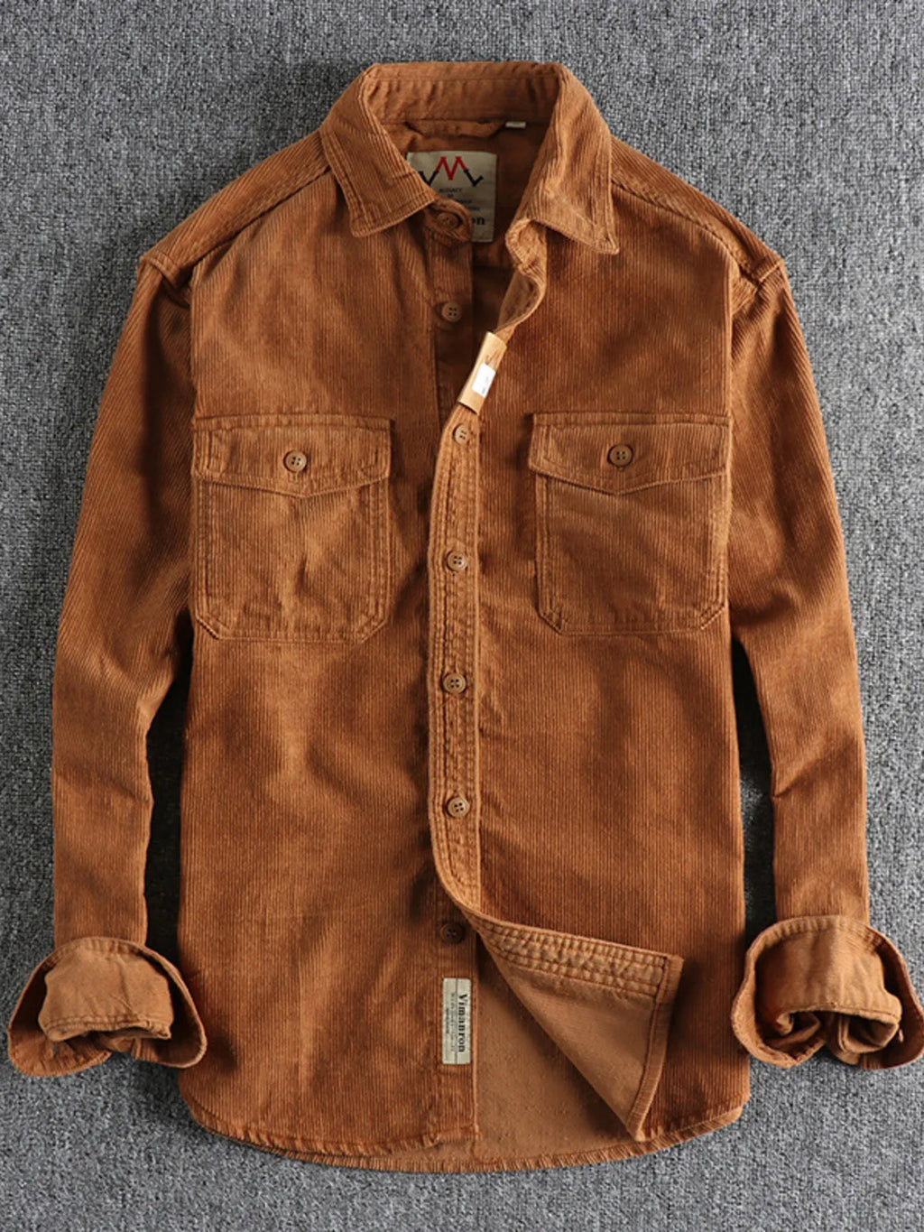Brown Corduroy Long Sleeve Button Up Shirt for MEN.