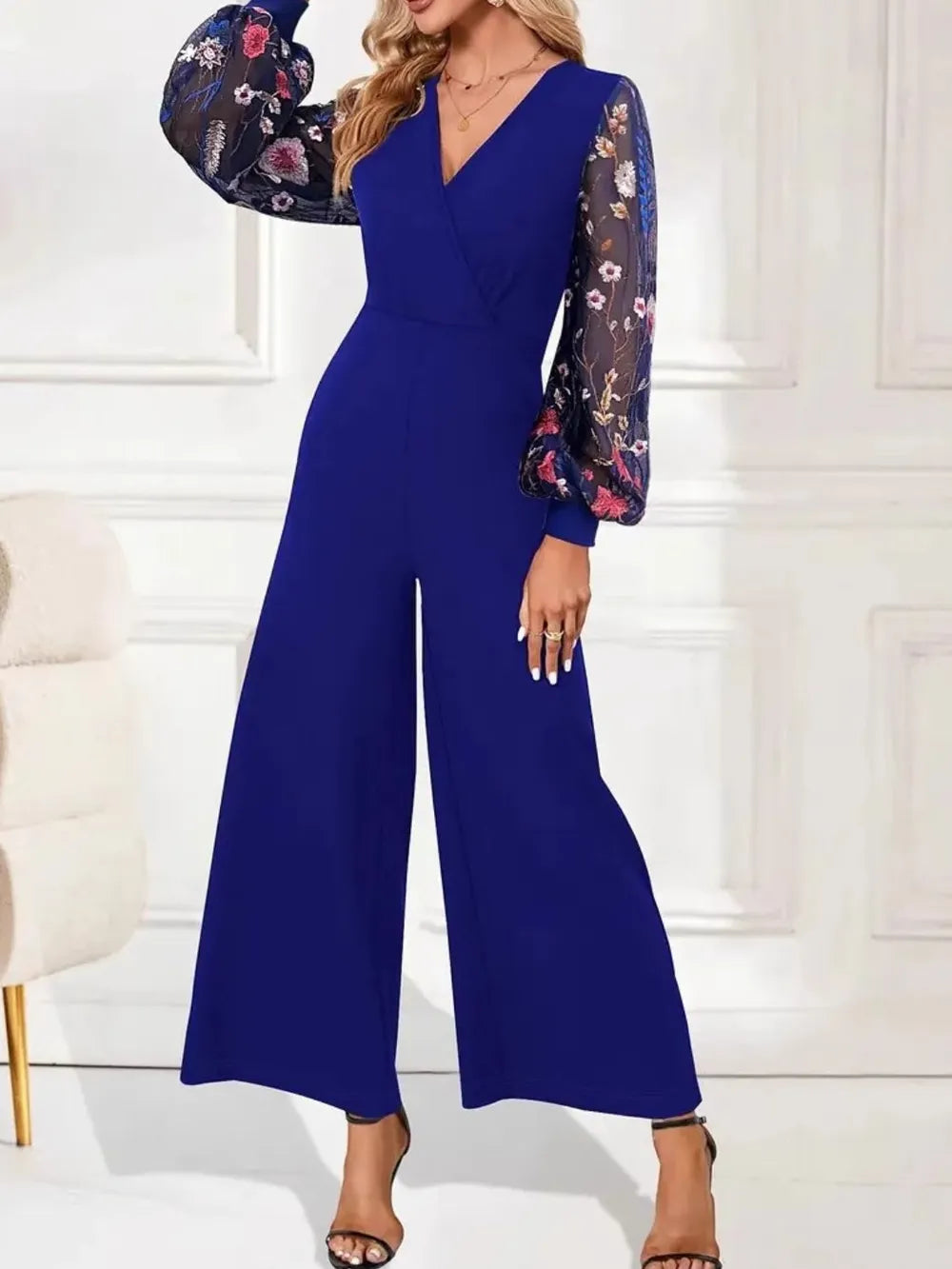 Surplice Embroidered Long Sleeve Wide Leg Jumpsuit - CHIC TB