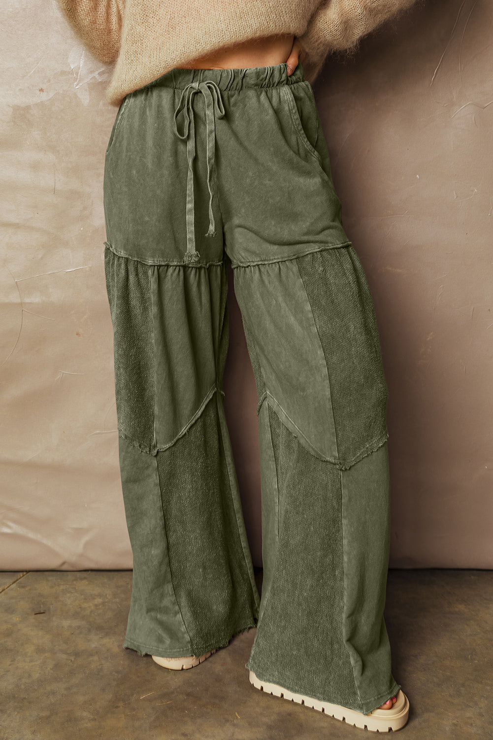 Vineyard Green Mineral Wash Tiered Wide Leg Patchwork Drawstring Pants Dear-Lover Dropshipping